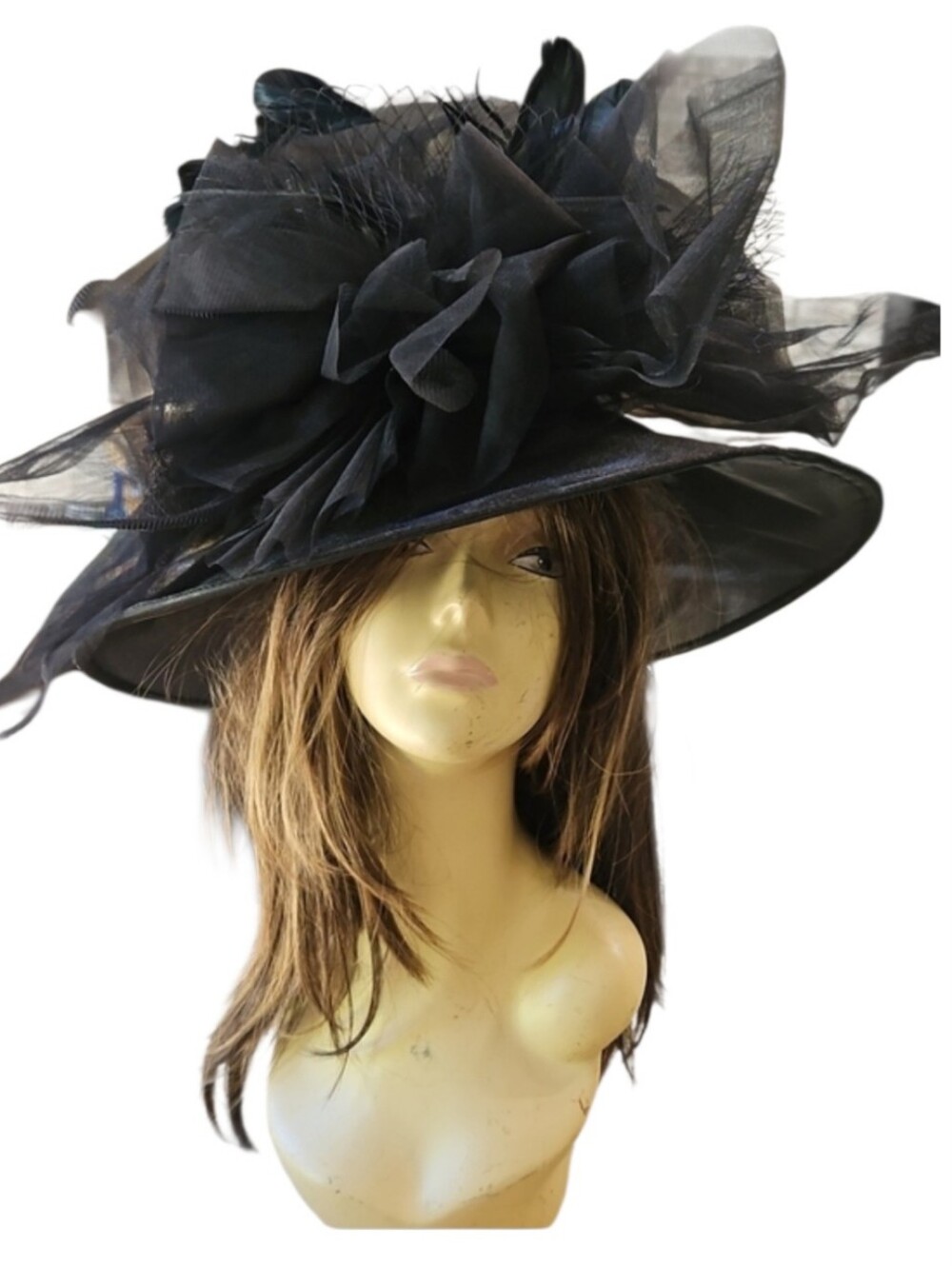 Black 100% Organza By Saferin Feather Derby Tea Church Hat